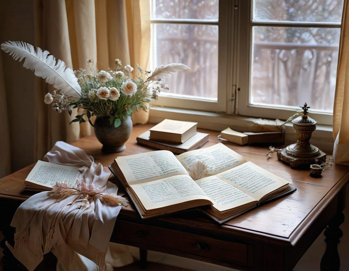 A wistful scene depicting a vintage desk with an open book of Anna Akhmatova's poetry, surrounded by fading flowers and a solitary feather quill. Soft, ethereal light filters through a nearby window, illuminating wisps of delicate paper bearing handwritten lines of verse. A distant silhouette of a woman lost in thought can be seen in the background, hinting at the timeless nature of her words. The atmosphere should evoke a sense of yearning and romance, embodying the essence of poetic legacy. dreamy. pastel colors. soft focus.