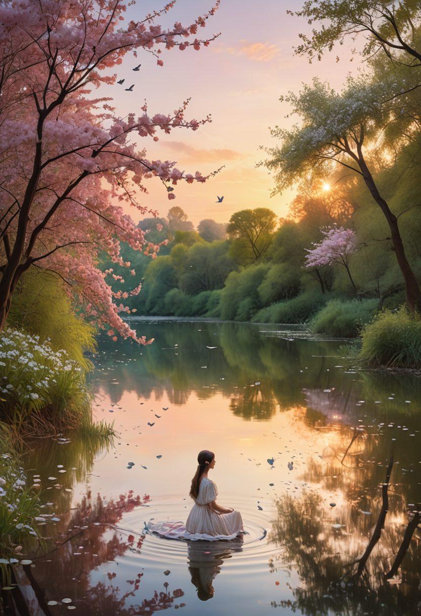 A beautiful, ethereal scene capturing a serene landscape with a tranquil river flowing through it, dotted with delicate blossoms and floating paper boats inscribed with romantic poetry. In the background, an elegant silhouette of a woman reminiscent of Anna Akhmatova gazes wistfully across the water, her hair gently swaying in the breeze. Soft, dream-like colors fill the sky at dusk, providing a magical aura as stars begin to twinkle above. This image should evoke deep emotions and a sense of longing. painting. vibrant colors. soft focus.