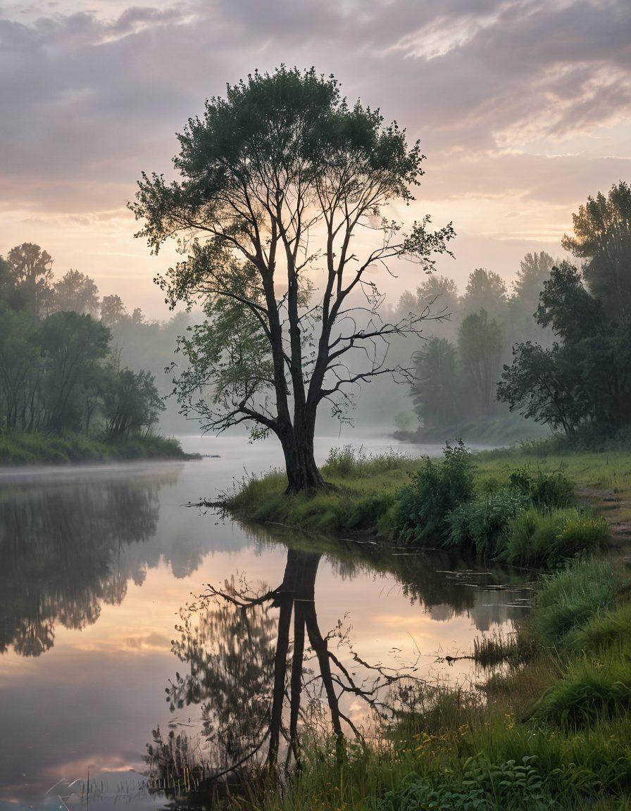 A serene landscape depicting a misty Russian countryside with hauntingly beautiful trees and a river reflecting the sky, embodying the emotional depth of Anna Akhmatova's poetry. In the foreground, a silhouette of a solitary figure, deep in contemplation, surrounded by floating verses of her poetry in delicate script. Soft, muted colors evoke a sense of nostalgia and longing. painterly style, atmospheric, soft-focus.